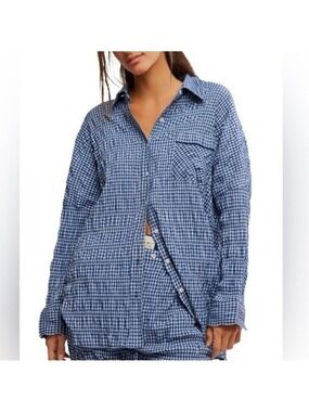 NWT FREE PEOPLE Cloud Ten Sleep Shirt Navy Combo Size L